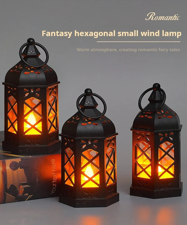 European Ramadan Lamp Mini Plastic Hexagonal Wind Lamp Led Electronic Candlelight Holiday Decoration Christmas Halloween Retro