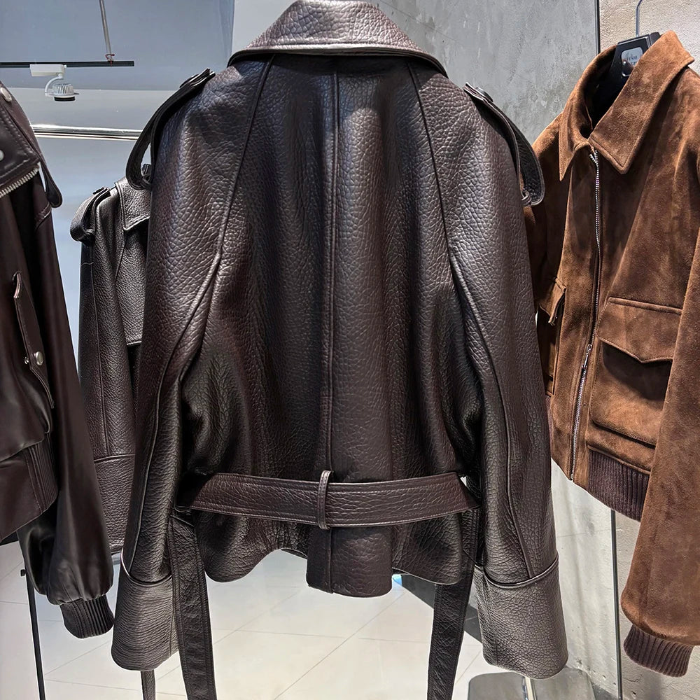 YOLOAgain Real Leather Jacket Women Burgundy Grain Leather Jacket With Belt