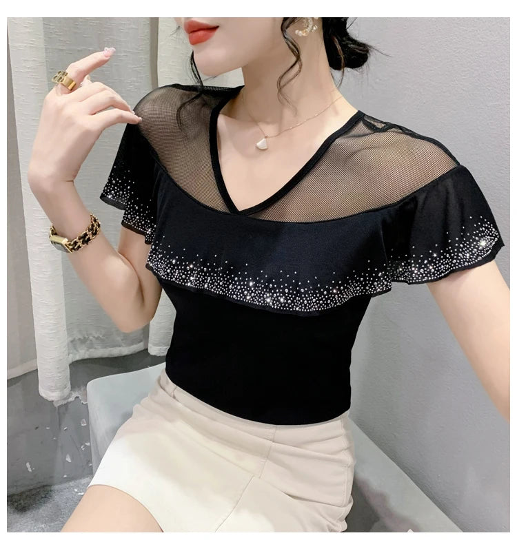 Real Photos Summer Tops Girl Patched Ruffles Mesh V Neck Short Sleeve T Shirt Women Fashion Tees Tshirts Beach Clothing