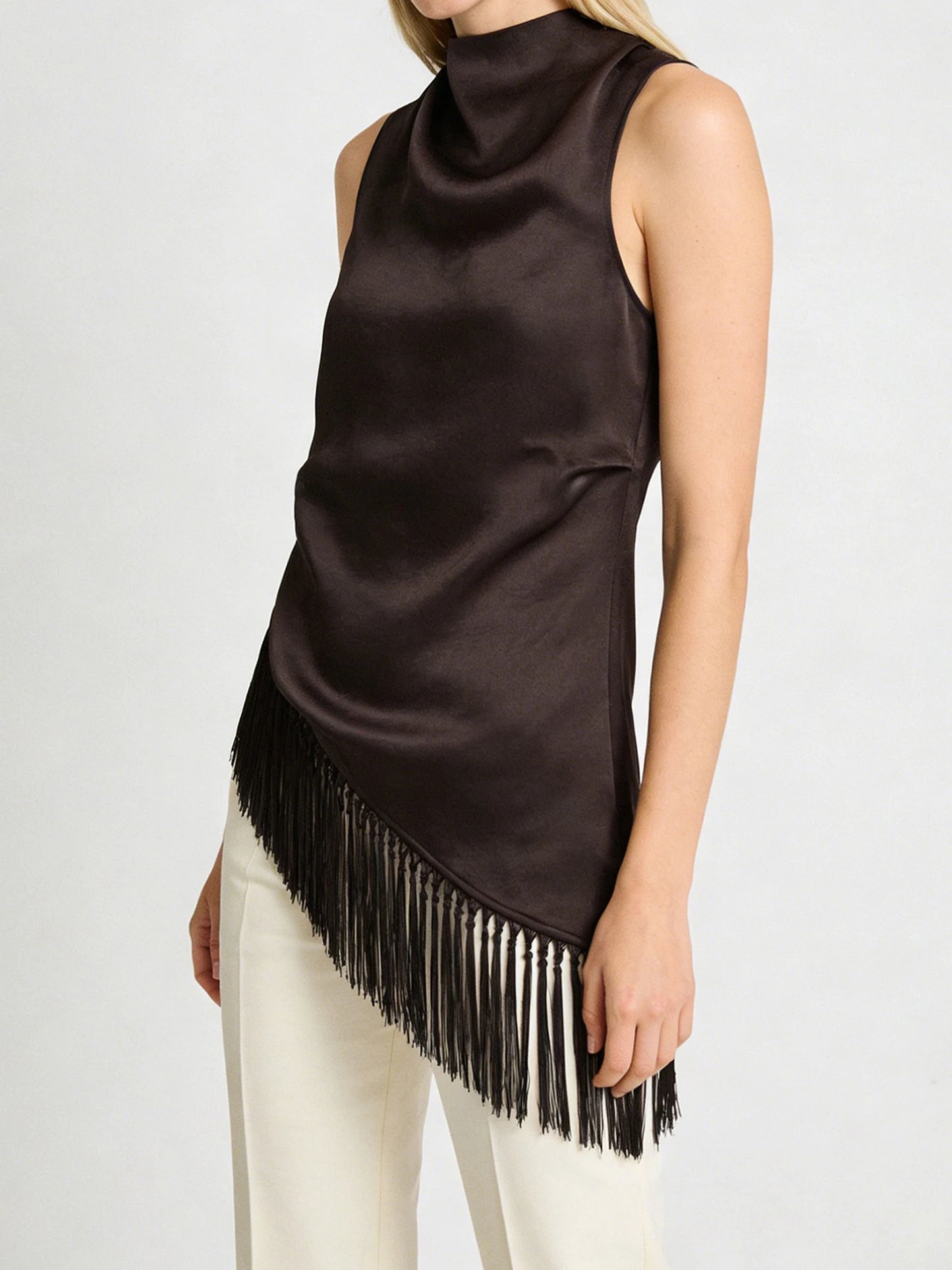 Women's Summer Tassel Hem Vest Brown Sleeveless Solid Color High Neck Long Tank Tops