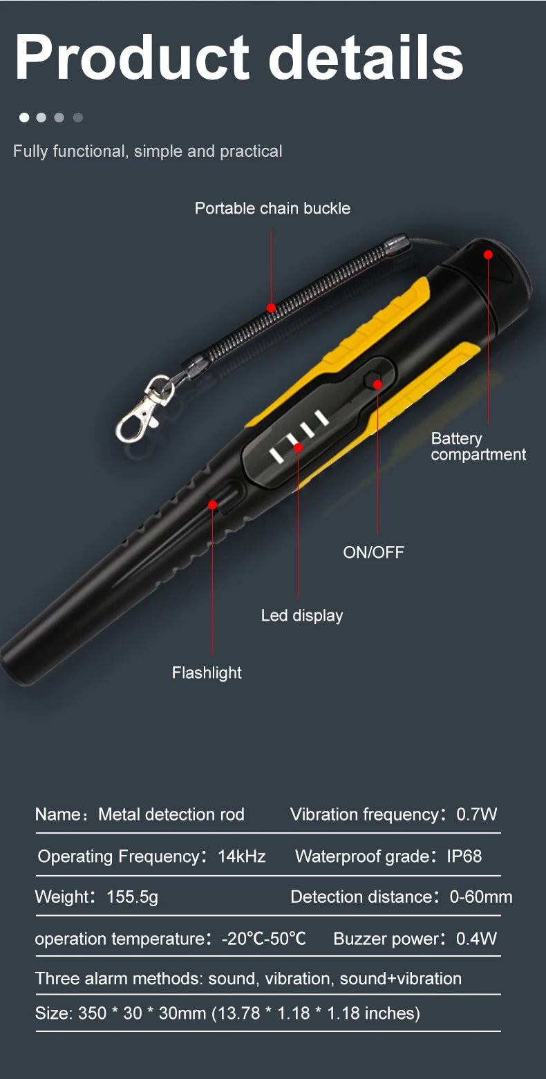 Metal Detector Outdoor Adventure Handheld Metal Detector Pinpointer Finder Waterproof 360° Side Scan Metal Detector Rod