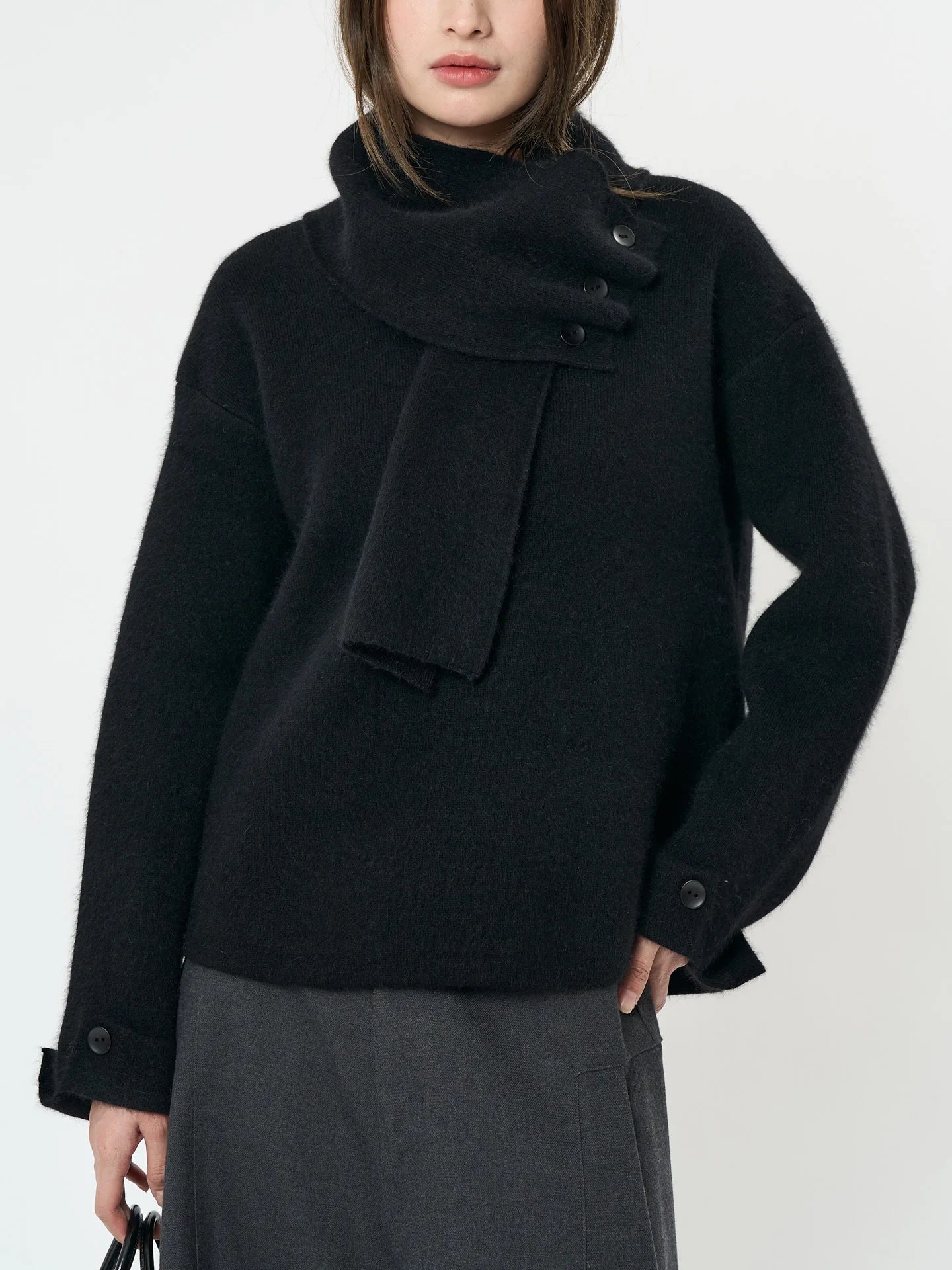Winter wool sweater women's casual solid color round neck long sleeved scarf decoration loose sweater