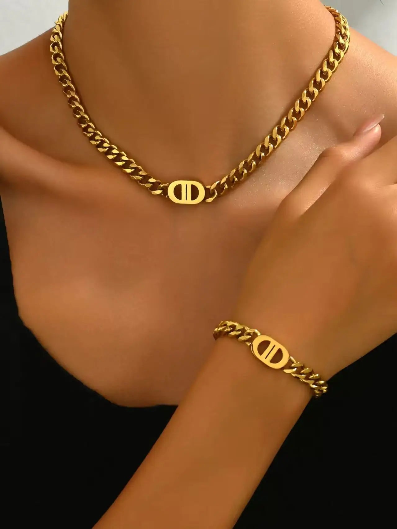 1 Stylish Double D Chain Stainless Steel Necklace and Bracelet Set, Unisex Style, High-end Elegant Party Celebration Accessories