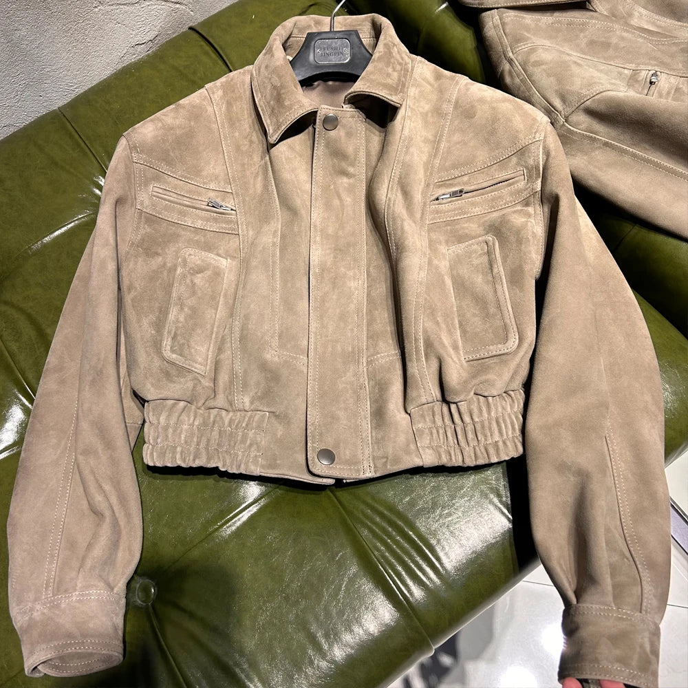 GBY Brown Suede Leather Jacket Cropped Genuine Soft Sheep Jacket 2025 Woman Jackets