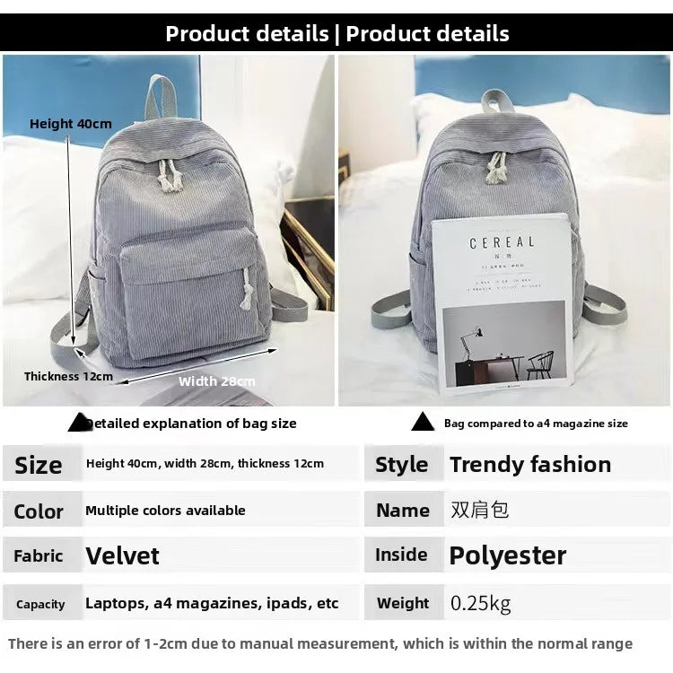 Corduroy Backpack, Academy Fashion School Bags for Middle/High School & College, Cute Tassel Detail, Versatile Casual Daily Bag