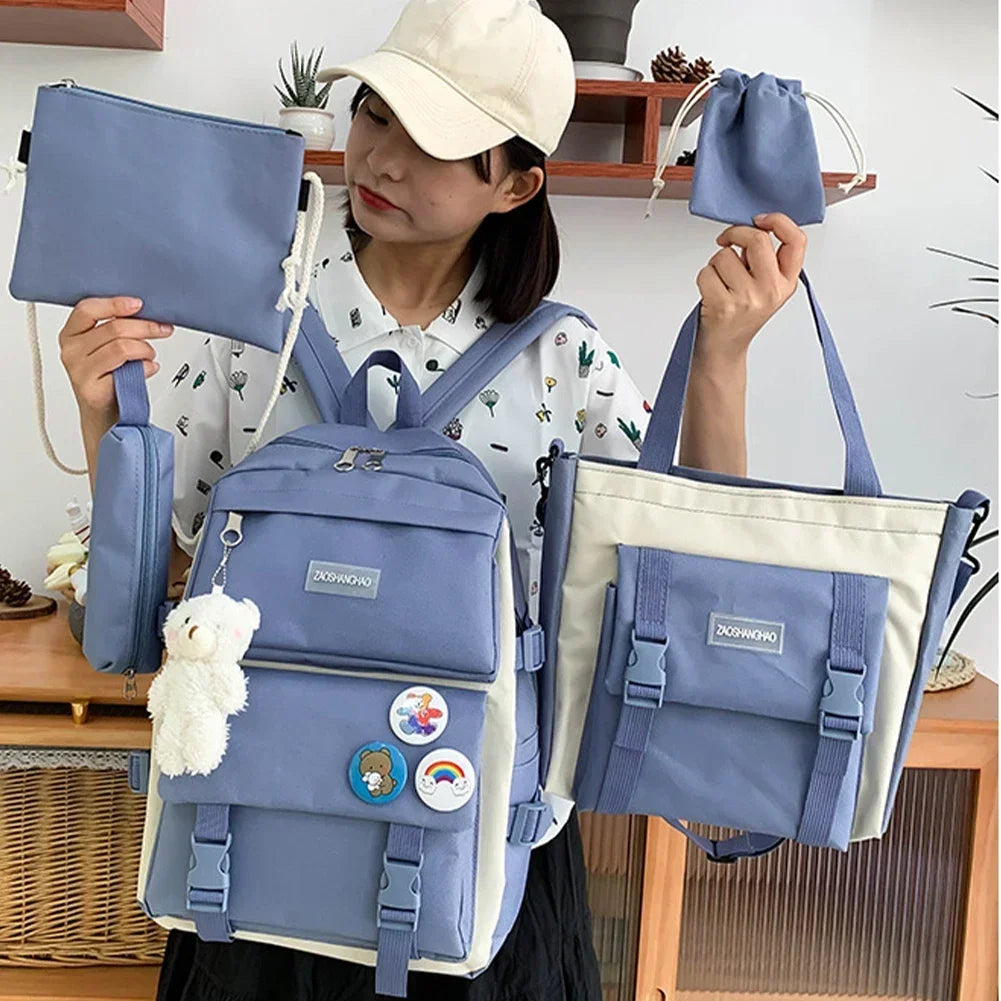 5PCS Kit Backpack Female Fashion Lady High Capacity Waterproof College Trendy Girls Laptop School Bags Cute Girl Travel Book Bag