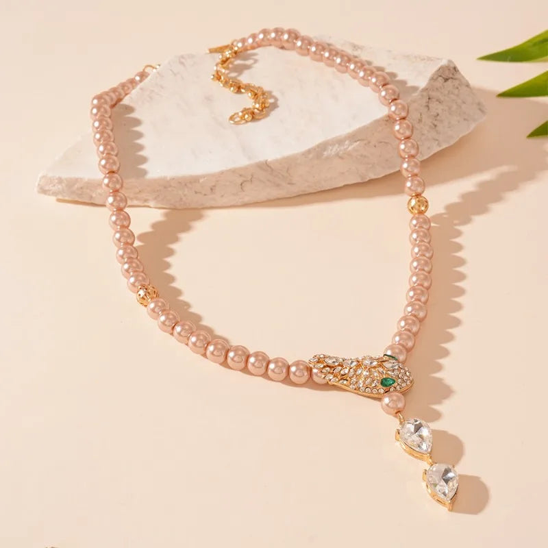 Snake Necklaces Drop Earrings Jewelry Set Luxury Rhinestone Imitation Pearl Beaded Chain Necklace for Party Wedding Bridal Gifts