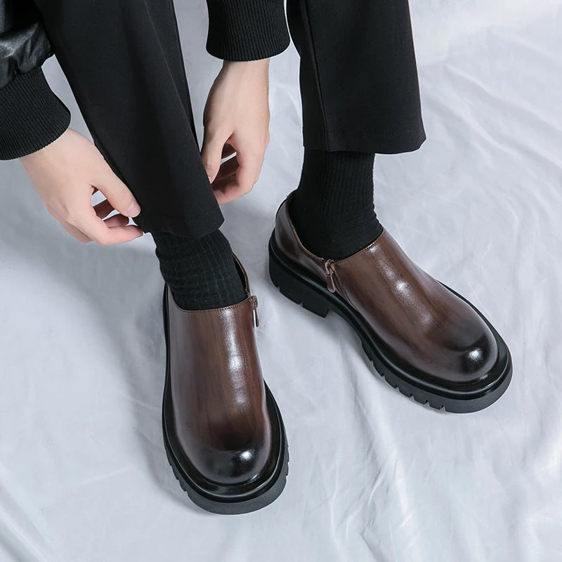 Spring New Men's Side Zipper Comfortable Cowhide Oxford Shoes Fashion Brand Classic Brown Men's Breathable Casual Leather Shoes