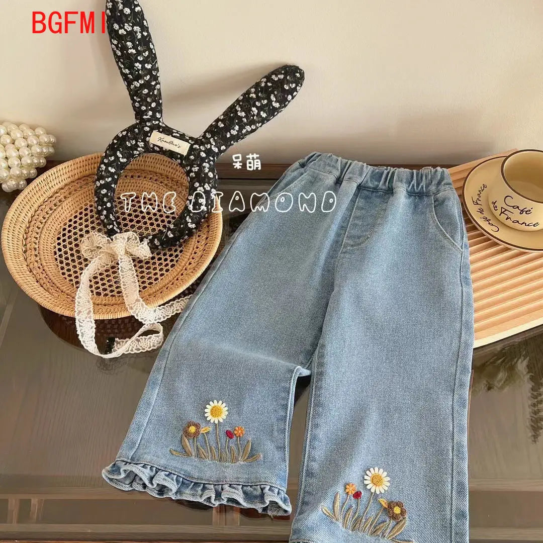 Korean Embroidered Jeans for Girls Spring and Autumn Fashion Style Trumpet Pants Children Clothing Stylish Kids Denim Trousers