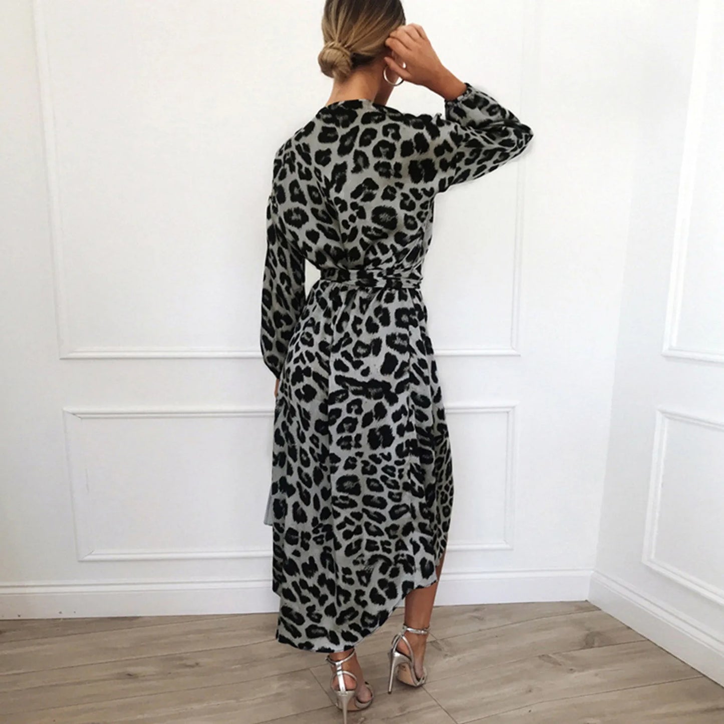 Sexy Leopard Shirt Dresses for Women Spring Summer Long Sleeve V Neck Wrap Maxi Dress Elegant Office Lady Party Midi Dress Robe