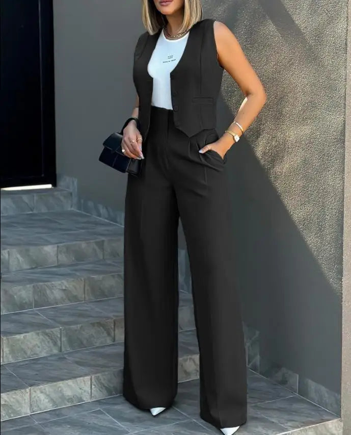 Pant Sets Women Wide Leg Pants Two Piece Suit Single Breasted Vets Sleeveless High Waist Elegant Trousers Pockets Solid Outwear