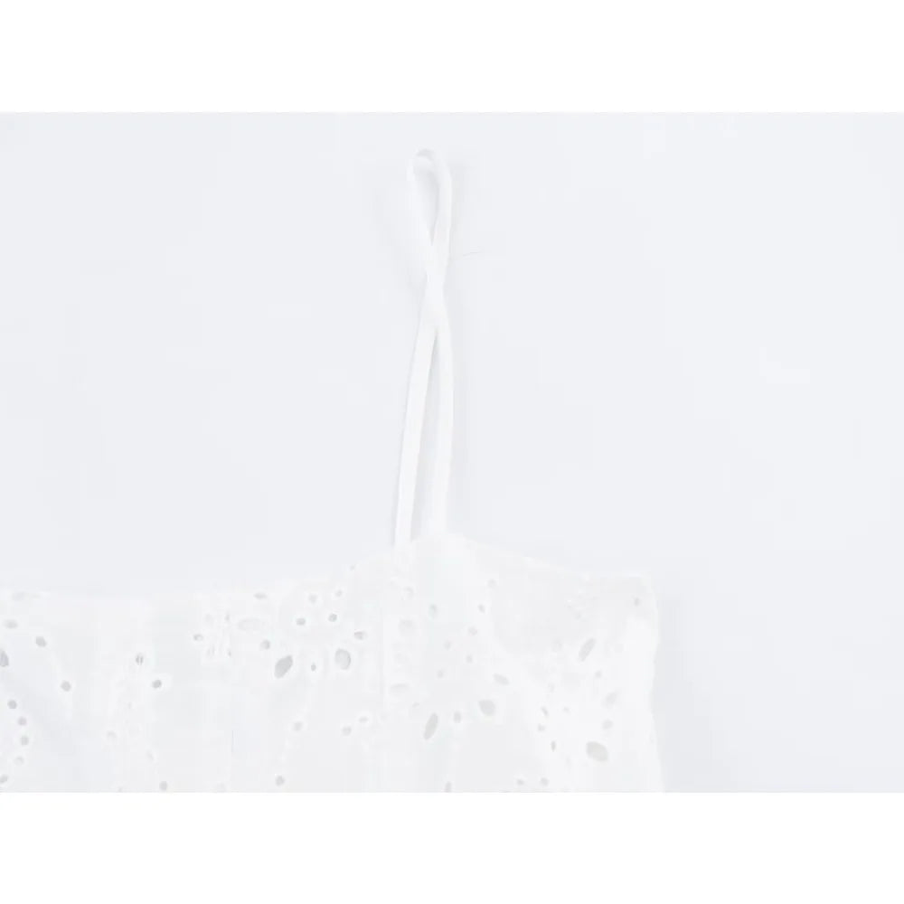 Women Summer Vacation Co Ord Outfits Elegant White Embroidered 2 Piece Set Cropped Top with Thin Straps Matching Cape Midi Skirt