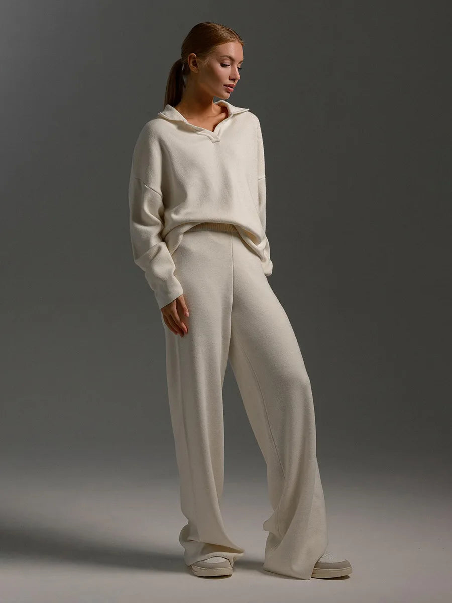 Sumuyoo Winter Thick Women Knitted Suits Cashmere Soft 2 Pieces Sets Female Polo Neck Sweater & Wide Leg Pants Knitted Outfit