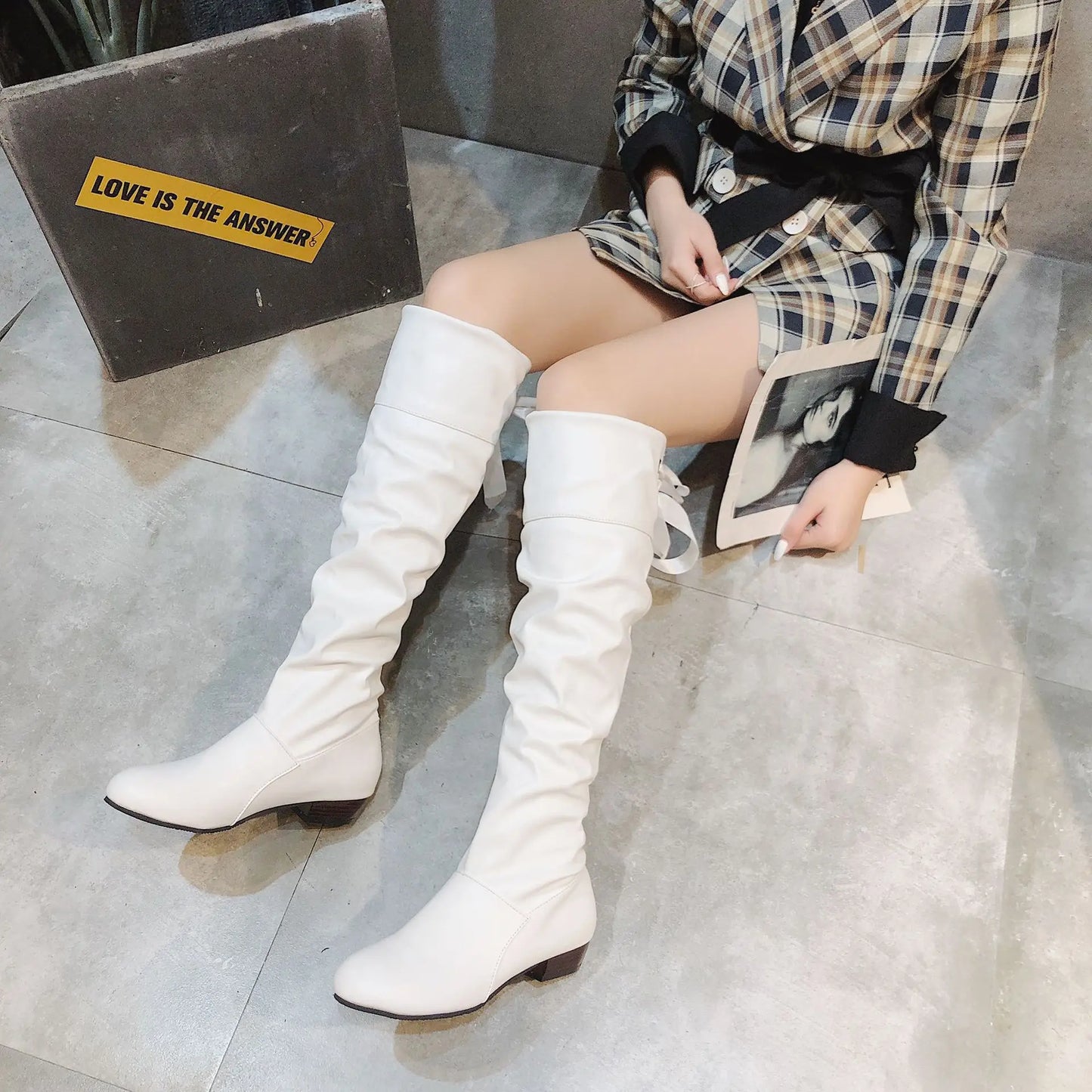 Shoes for Women 2023 Spring Knee High Boots Red Black White Tall Boots Woman Pleated Low Heel Casual Leather Female Long Shoes