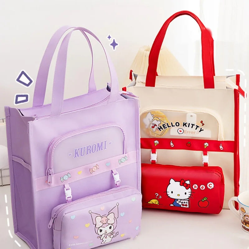 Sanrio Characters Library Tote Bags School Bag Large Capacity Students Canvas Storage File Bag Tutoring Handbag
