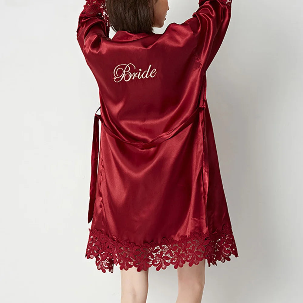 Wedding Embroidery Bride Bridesmaid Kimono Dresses Lace Gown Sexy Women Robes Home Gown Bathrobe Short Night Shirts Sleepwear1PC