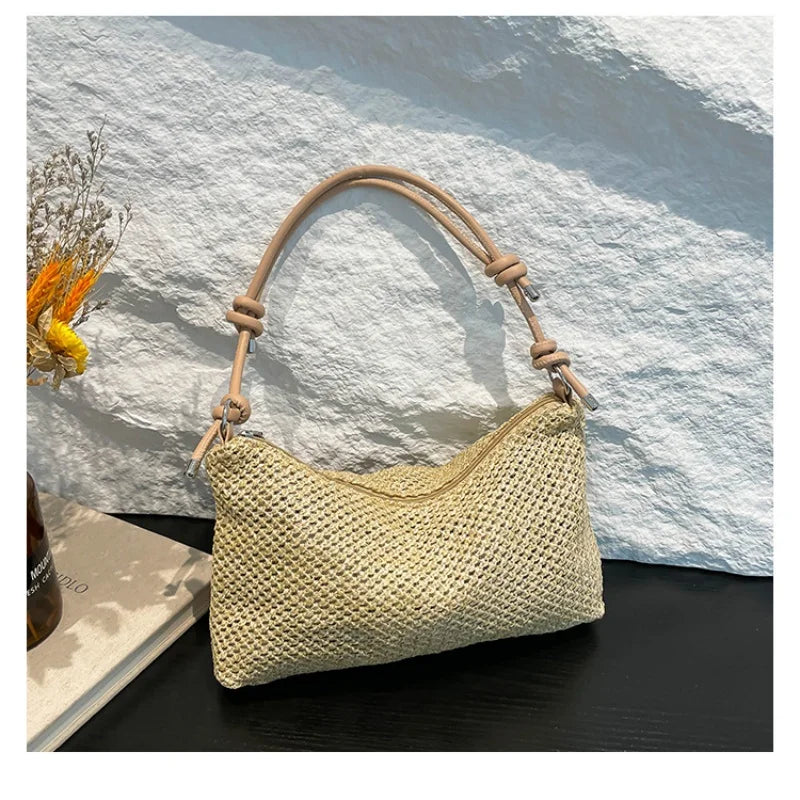 Women Woven Bag Summer Beach Holiday Handbag Portable Tote Bag Fashion Casual Big Capacity Leather Rope Women Shoulder Bags