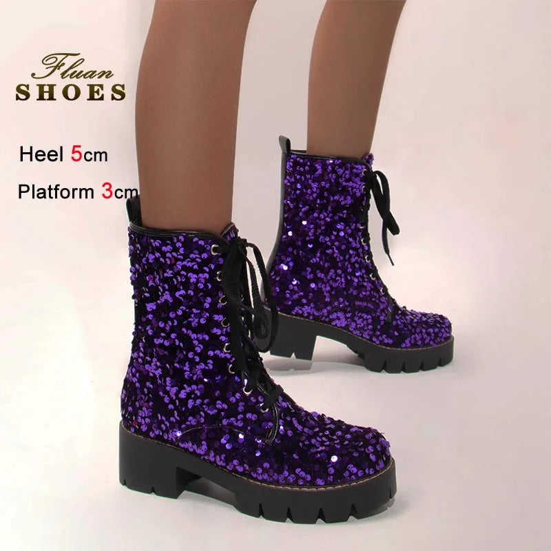 2025 New Fashion Women Shoes Front Lace Up Sequin Short Boots Coarse Heel Stage Show Ankle Boots Ladies Party Casual Short Boots