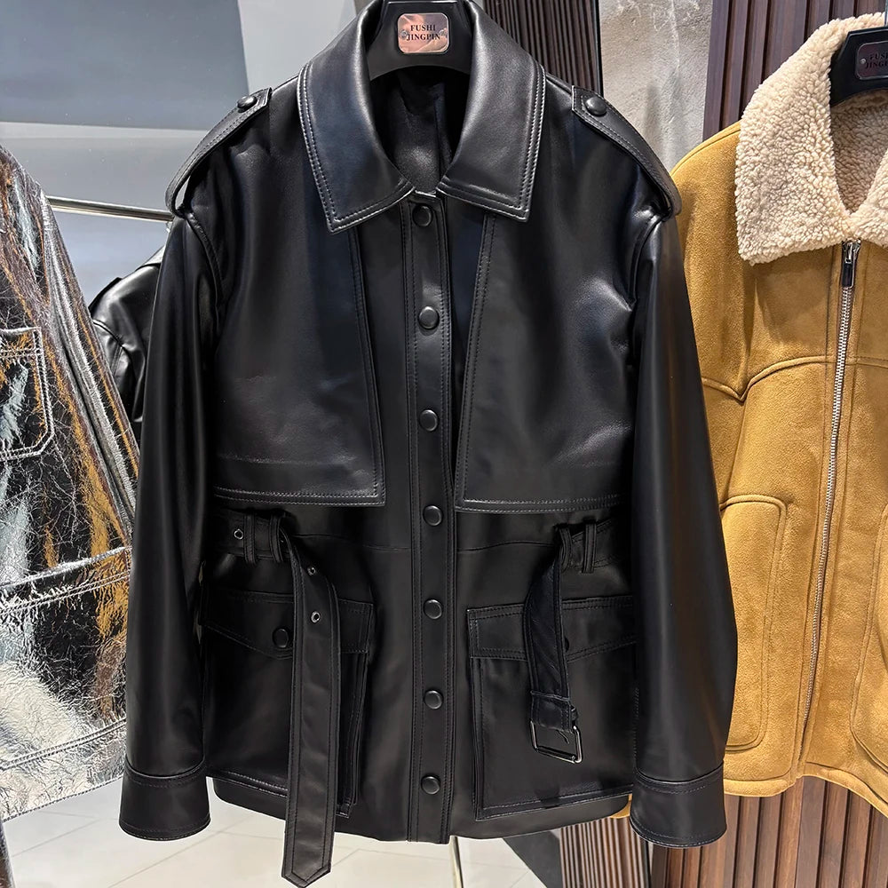 YOLOAgain Real Leather Suede Jacket Women Dark Brown Single Breasted Leather Coat With Belt