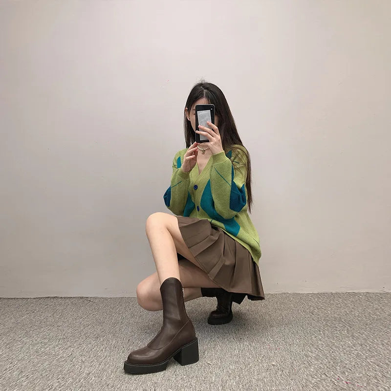 High Heel Women Ankle Boots Fashion High Quality Platform Shoes for Women British Style Brown Boot Comfor Women Waterproof Boots