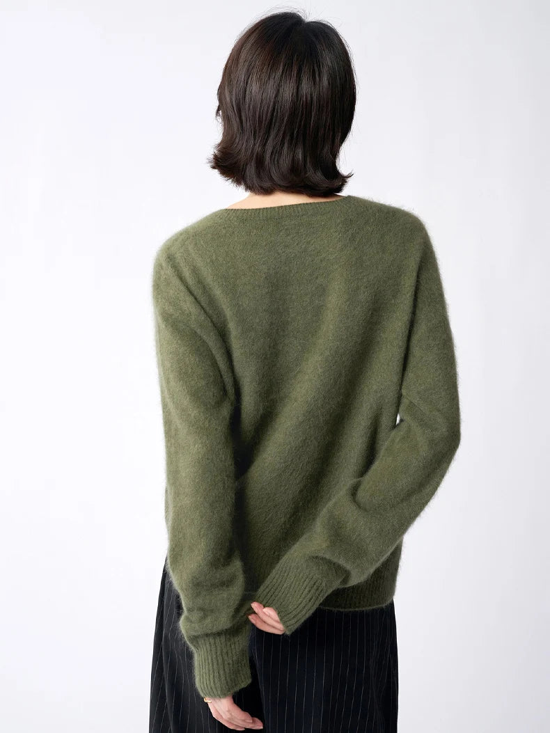 SuyaDream, Women Fleece Pullovers, V Neck, 3.8%Cashmere 96.2%Wool, Chic Warm Sweaters, 2025 Fall Winter Solid Top, Camel, Olive