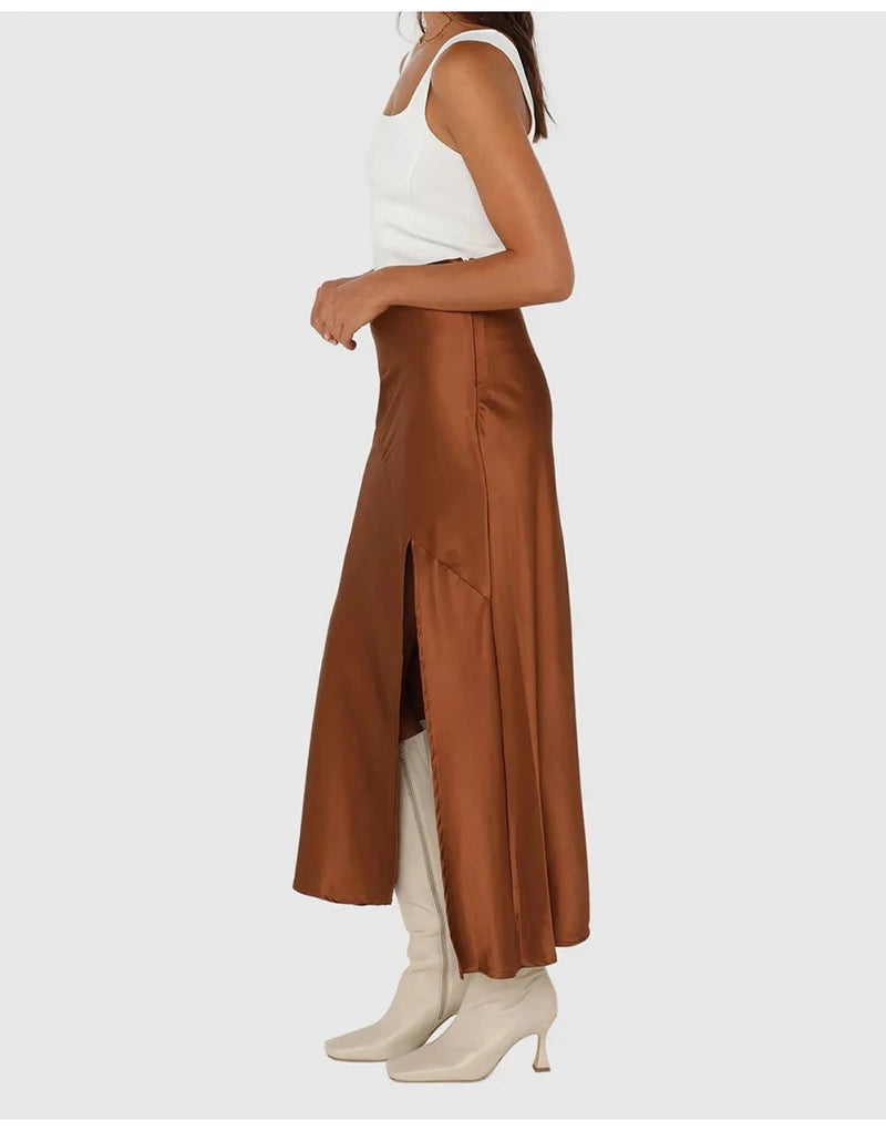 Summer Satin Skirts For Woman Office Maxi A Line Black Silk Skirts With Slit Lady High Waist Women Patchwork Skirt Long Elegant