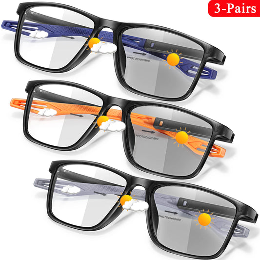3 Pairs Reading Glasses Photochromic Classic Square Far Sight Presbyopic Glasses Anti Blue Light Blocking Ultralight Eyewear