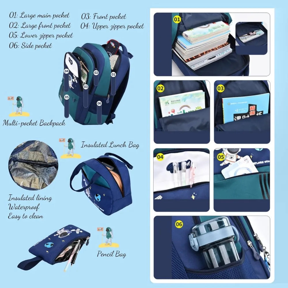 Boy Backpack Schoolbag for Boys Girls, School Bags, Waterproof Kids Bookbag Backpacks with Lunch Box Pencil Case Set