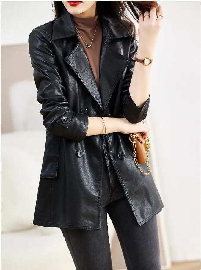 Turn-down Collar Genuine Leather Jacket Women Korean Fashion Slim Sheepskin Coat Black Real Leather jackets ladies Casual Blazer