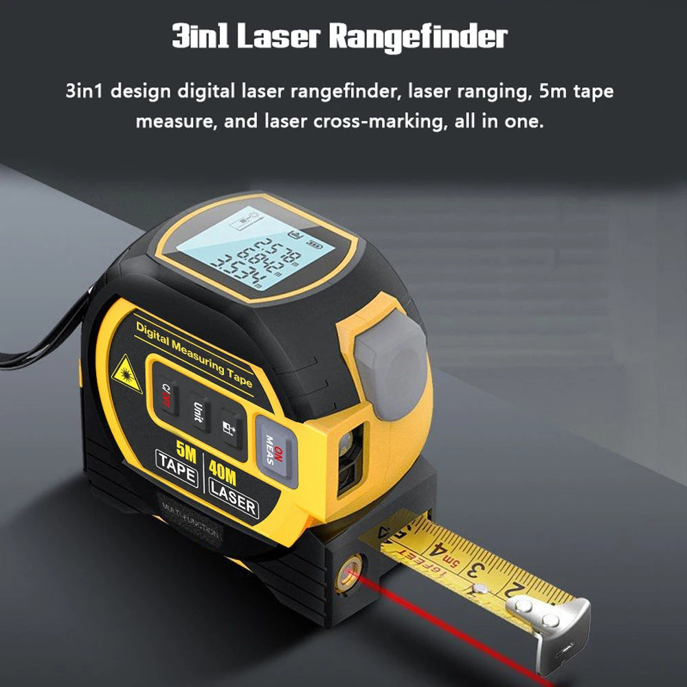 3in1 Laser Rangefinder Tape Measure Ruler 5m LCD Display with Backlight Distance Meter for Building Measurement Area & Volumes C