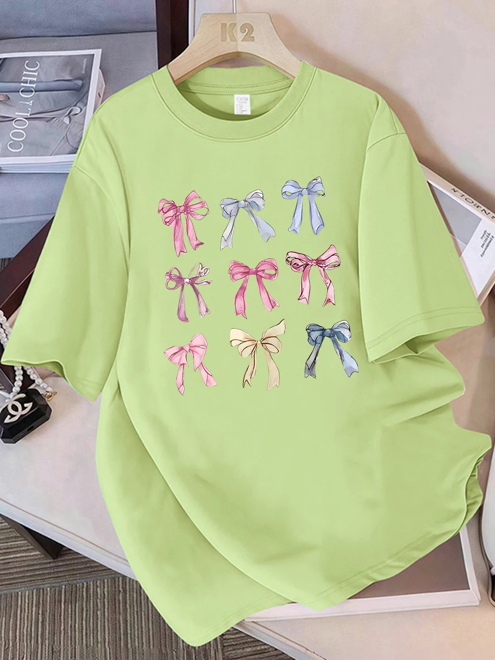 Summer T-Shirts Cotton Womens Colorful Bow Tie Printing Short Sleeve Comfortable Soft O-Neck Tops Holiday Casual Womans Clothes