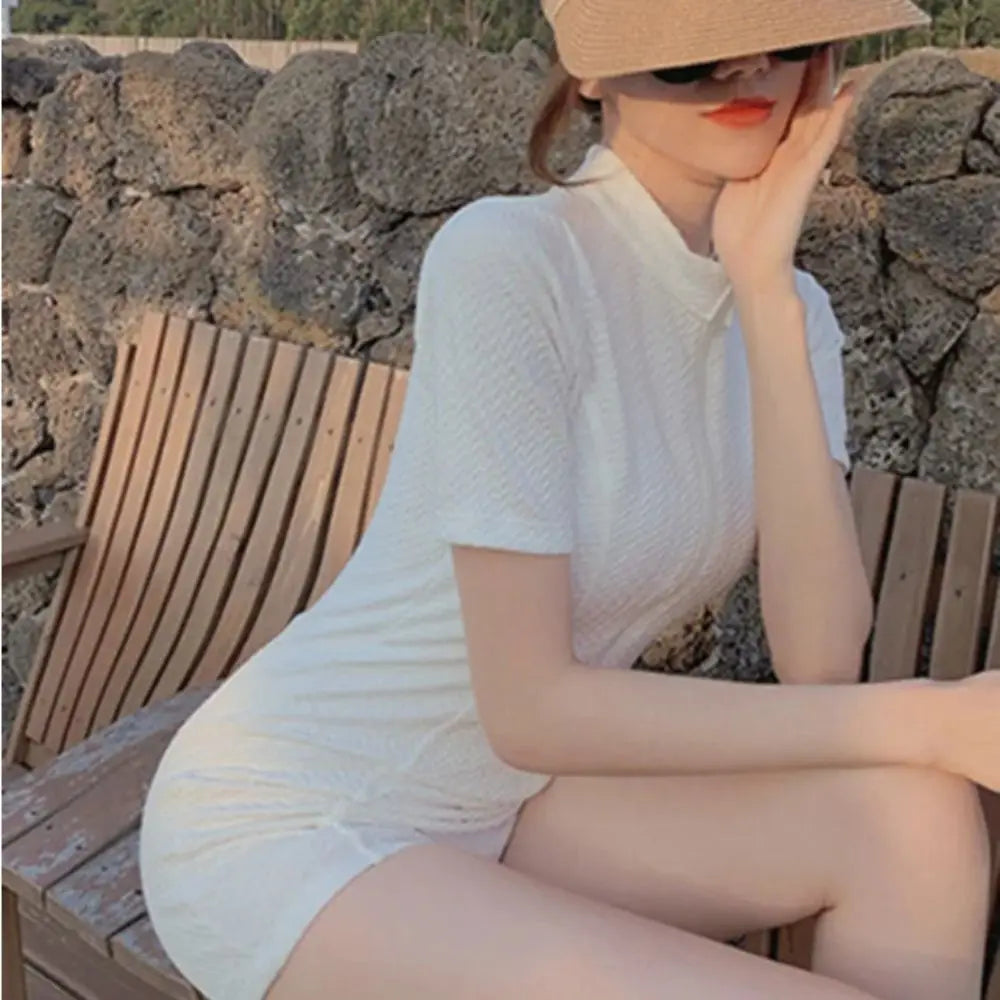 New Fashion Short Sleeve Swimming Suit Solid Half High Collar Bathing Suit Blue High Neck Rash Guard Swimming