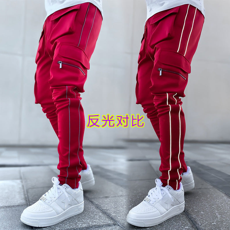 Spring and Autumn Workwear Pants Men's Fashion Brand Elastic Multi-Bag Reflective Straight Sports Fitness Casual Trousers