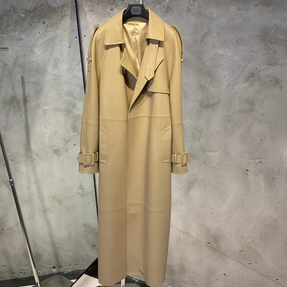 Gold Leather Coat Long Ladies Real Sheepskin Coat Genuine Sheep Leather Windbreak Long 21018