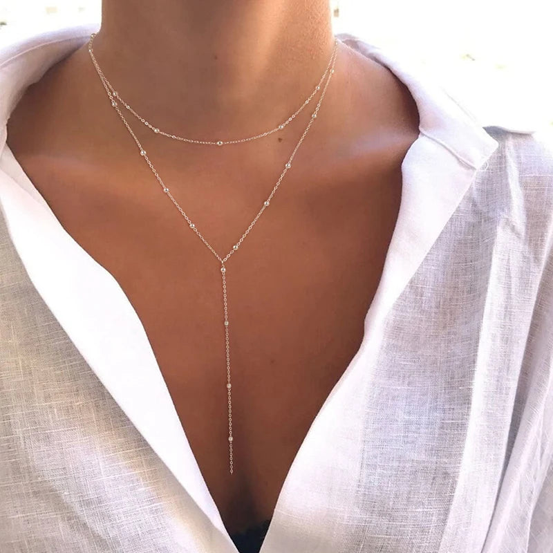 Dainty Long Necklace 14k Gold Plated Y-Shaped Pendant Necklace Trendy Layered Cz Beaded Necklaces Stainless Steel Jewelry