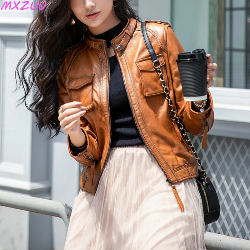 Autumn Clothes Women Genuine Sheepskin Short Locomotive Jaqueta Feminina Stand Collar Slim Vintage Versatile Brown Leather Coat