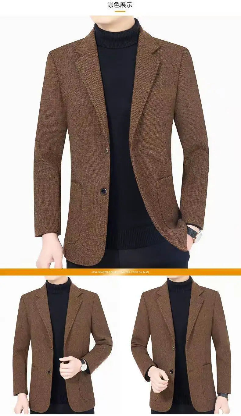 Men's woolen suit spring and autumn jacket is fashionable, cool and versatile. It is a solid-color checkered flat lapel short to