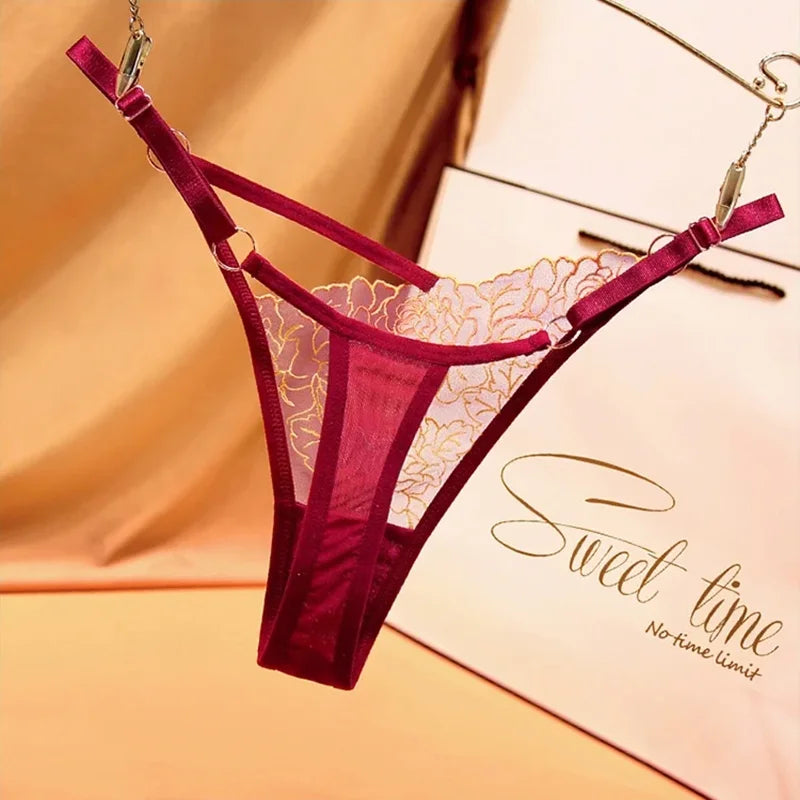 Sexy Lace Embroidery Thongs Women G strings Panties Transparent Mesh Underwear Ladies Briefs Adjustable Waist Culotte female