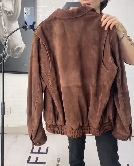 Brown Suede Jacket Spring Women Sheepskin Vintage Old Money Style Wide Shoulder Casual Baseball Leather Coat Giacca Pelle Donna