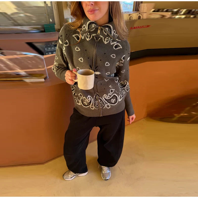 Jacquard Knitted Women's Cardigan Sweater Fashion Zipper Loose Pocket Casual Lady Sweaters 2026 Spring Street Long Sleeve Top