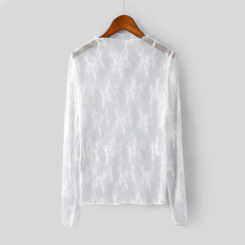 Summer Women Lace Floral Embroidery Blouses Shirt Ladies tops Sexy mesh Blouses Transparent Elegant See-through Black Shirt