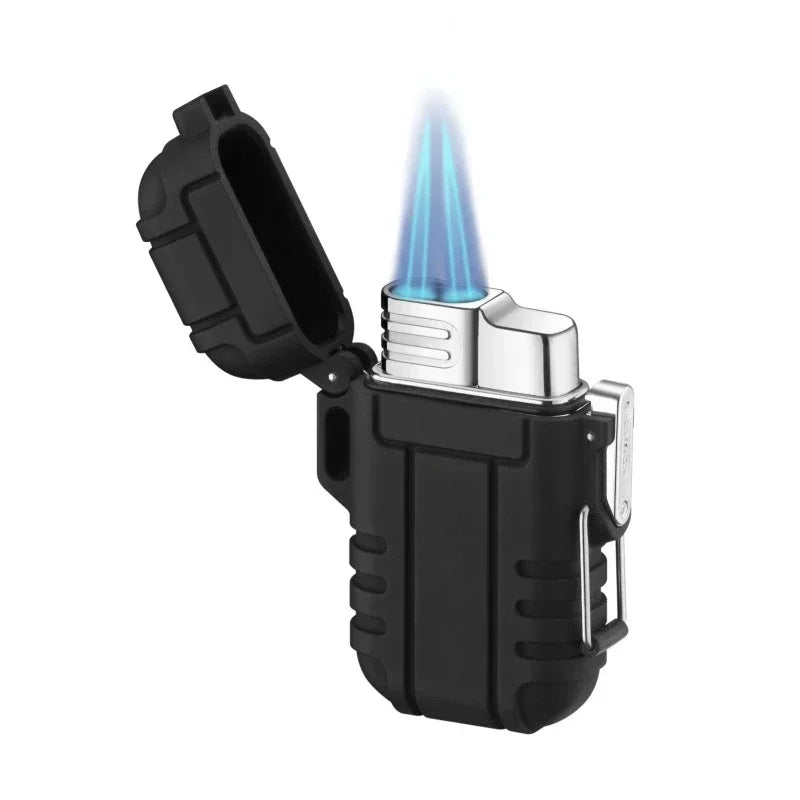 Outdoor Waterproof Lighter with Lanyard Portable Blue Flame Jet Lighter Butane Turbo Cigar Lighter Camping Wading Men's Gadgets
