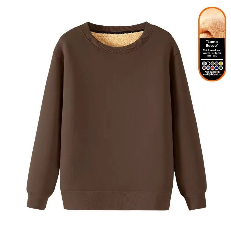 Men's Fleece Lined round Neck Sweatshirt Loose Long Sleeve T-Shirt Thickened Lamb Velvet Warm Winter Base Layer Shirt