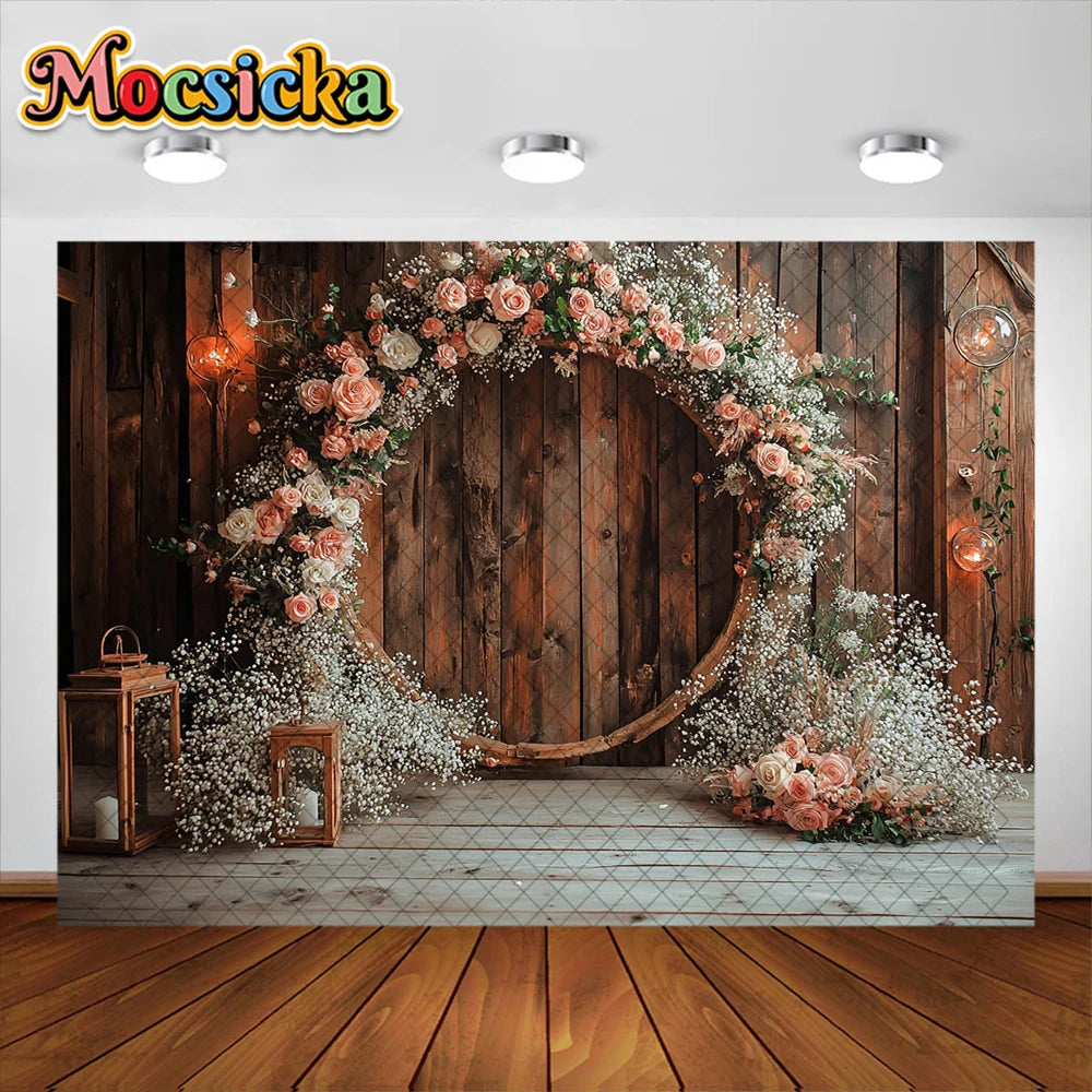 Wedding Theme Photography Background Round Wreath Wooden Wall Decoration Couple Wedding Scene Supplies Backdrop Studio Props
