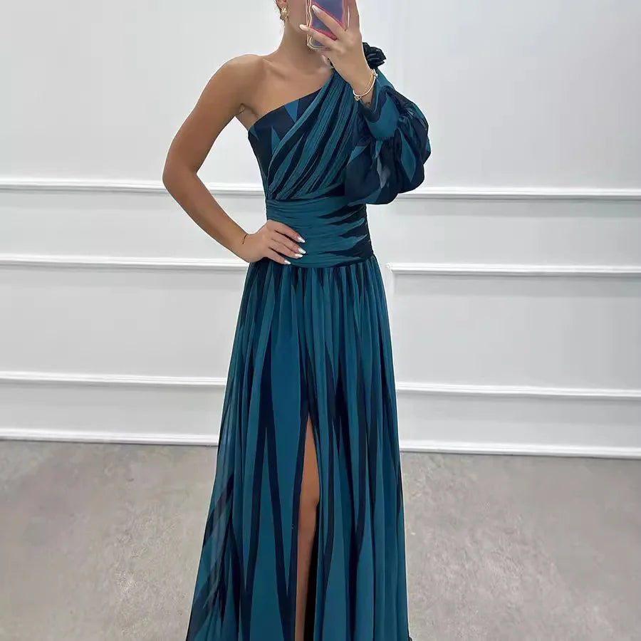 Dress Long Dress 2024 Spring and Autumn New Temperament Fashion Printed Slant Shoulder Split Dress INS Casual Loose Party Dress