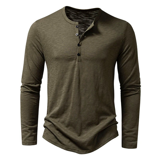 New Men's Cotton Henley T Shirt Long Sleeve T-Shirts Basic Casual Button Collar Breathable Daily Top Tees