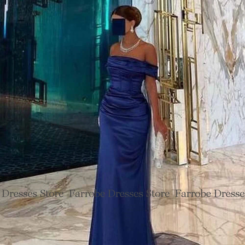 Saudi Arabia Dresses for Special Occasions Satin Sheath Formal Evening Dress Dark Royal Blue Off-the-shoulder Pleat Prom Gown