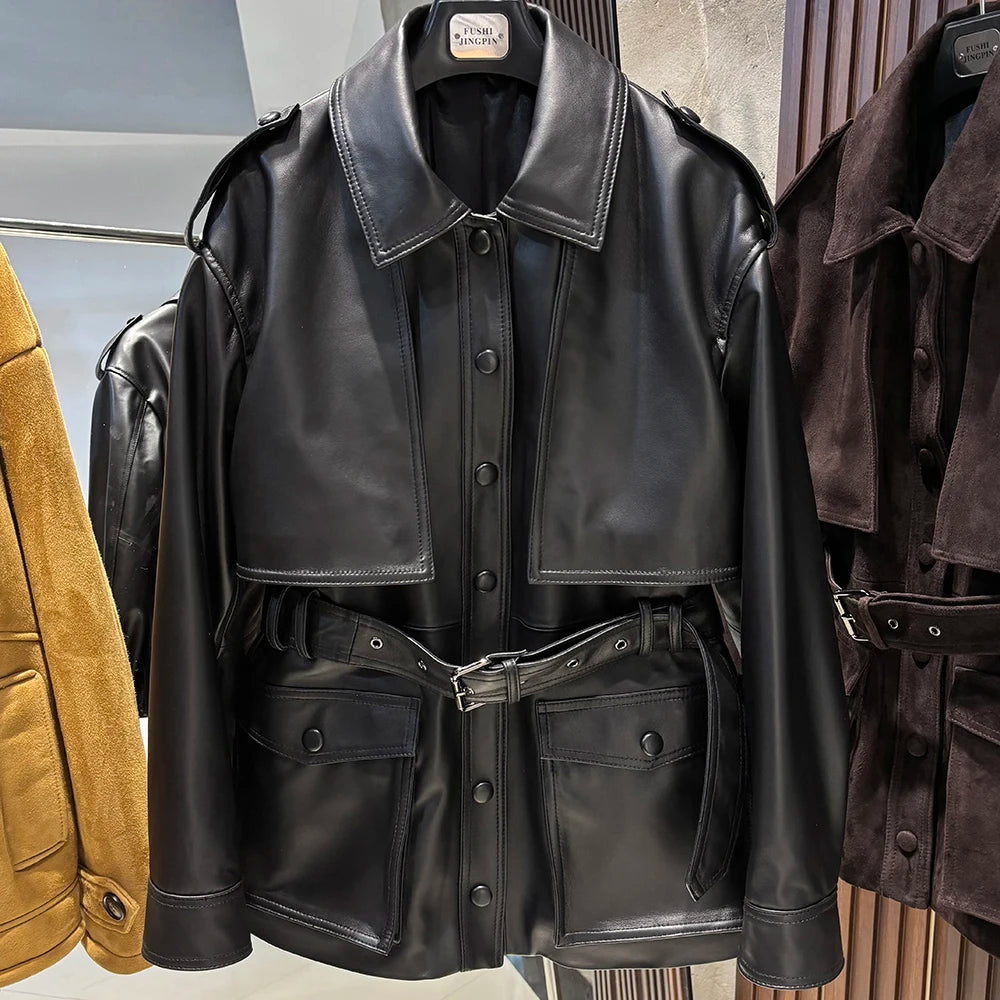 YOLOAgain Real Leather Suede Jacket Women Dark Brown Single Breasted Leather Coat With Belt