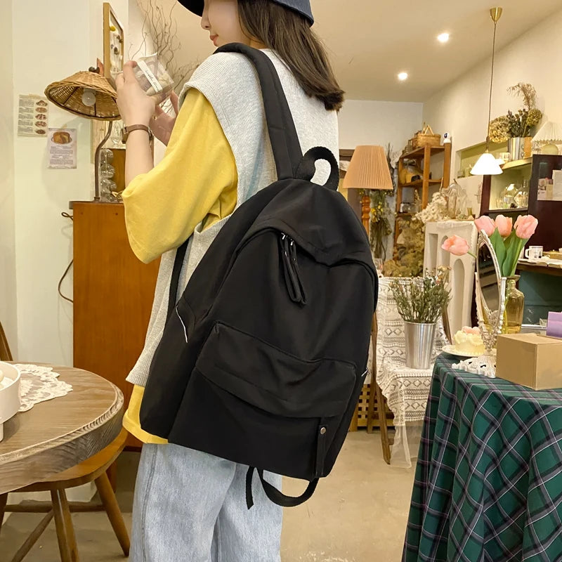 Simple Solid Color Backpack Women 2022 Waterproof Nylon School Bags For Teenager Girls Bookbag Lady Travel Backbag Shoulder Bag