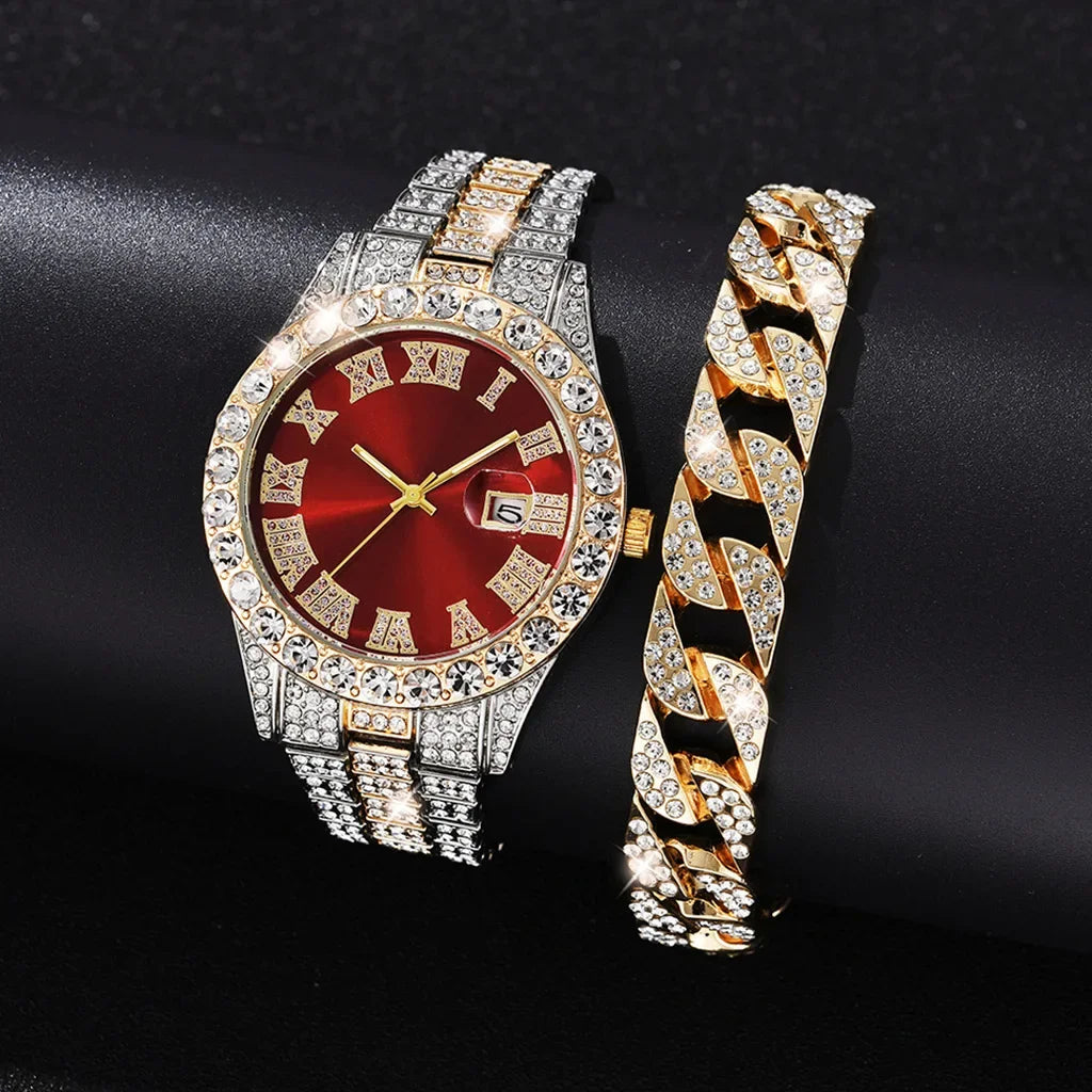 Hip Hop Watch for Men Iced Out Bling Full Diamond Luxury Quartz Watch Analog Roman Calendar Watch for Men Women